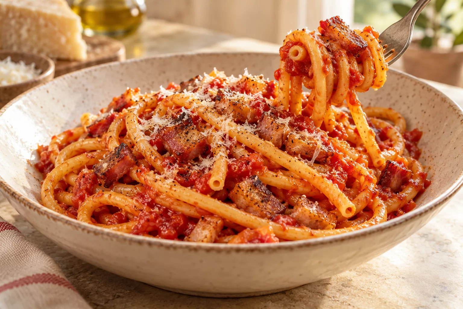 Bucatini coated in tomato sauce with browned guanciale pieces and grated cheese.