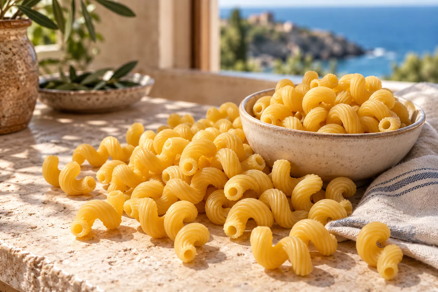 Uncooked cavatappi showing short corkscrew tubes and open hollow ends.