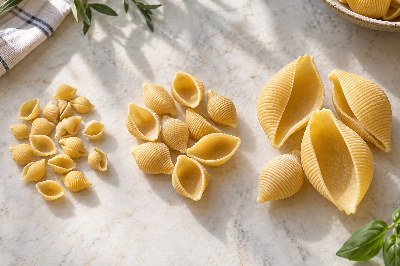 Small, medium and large open pasta shells showing their curved cups and rims.
