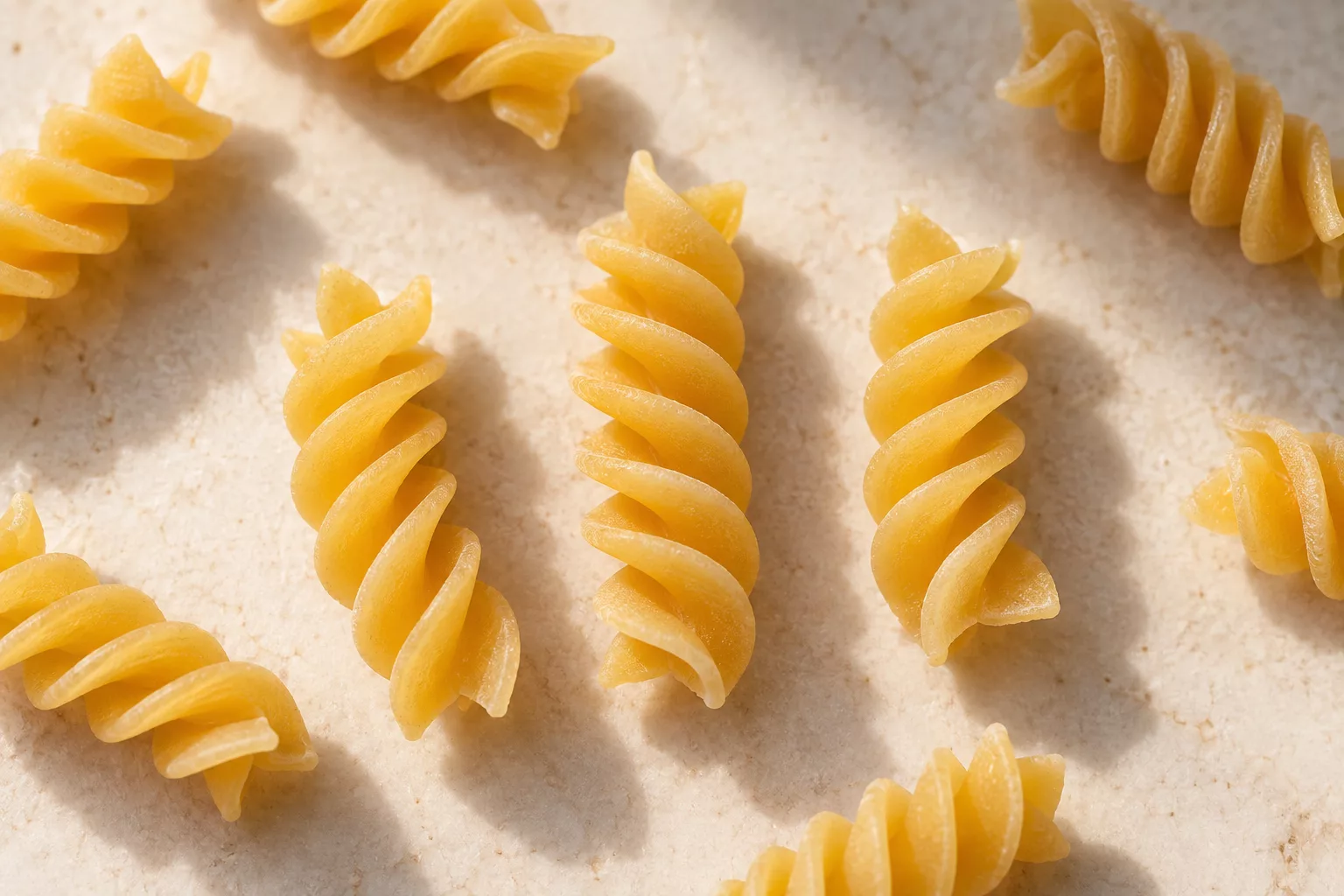 Uncooked fusilli showing their short helical turns and deep grooves.