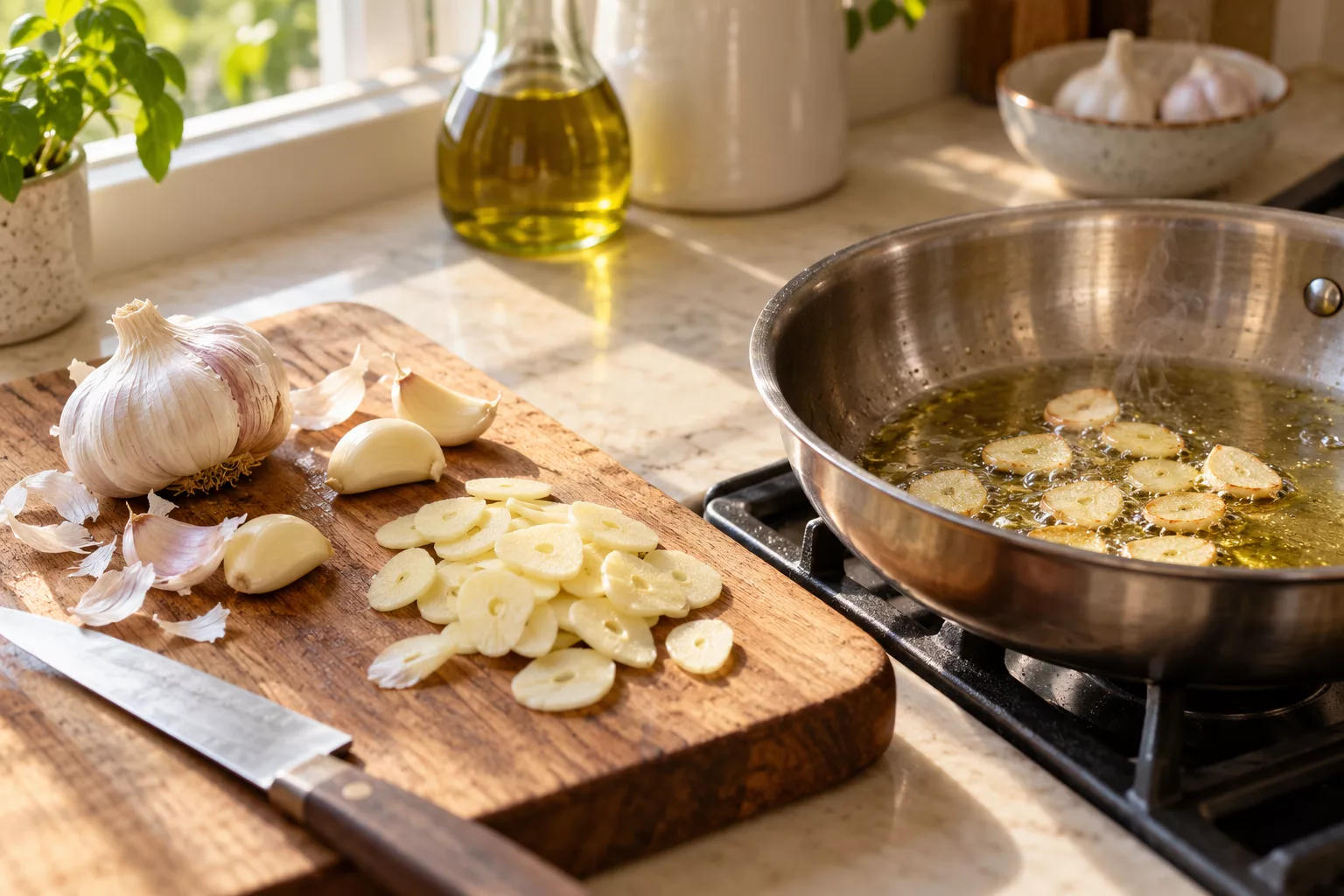 Garlic slices on a board beside lightly cooking slices in olive oil.