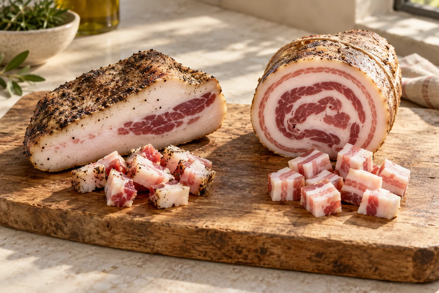 Cured guanciale and pancetta side by side, showing their different fat and lean patterns.