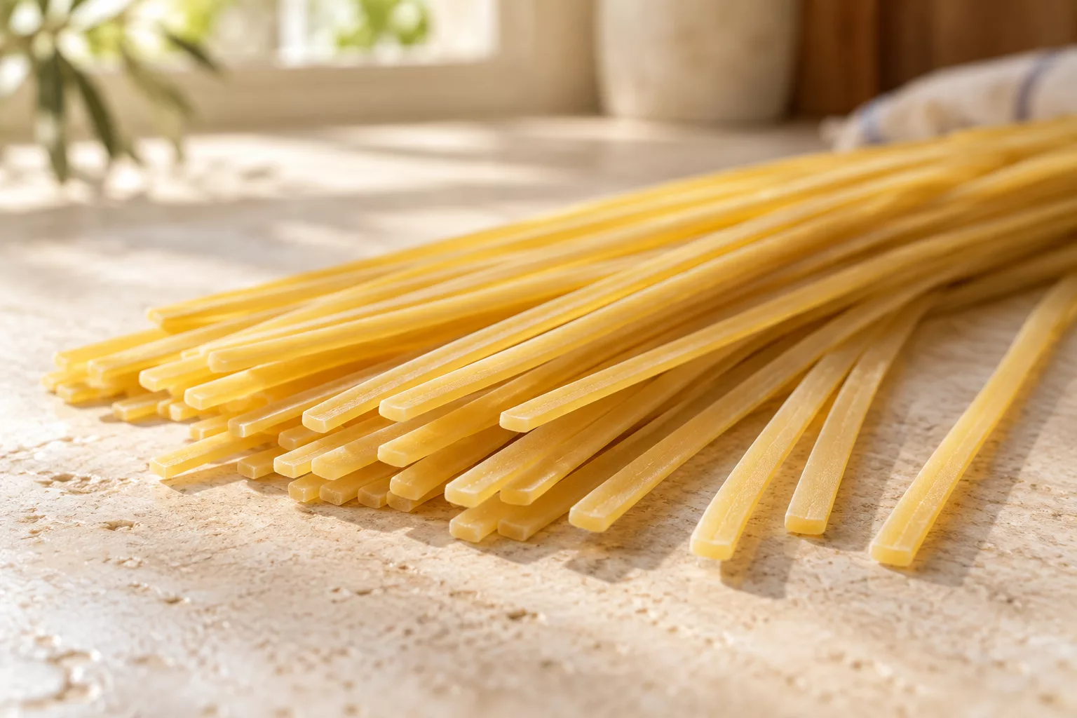 Uncooked linguine strands showing their narrow, flat shape.