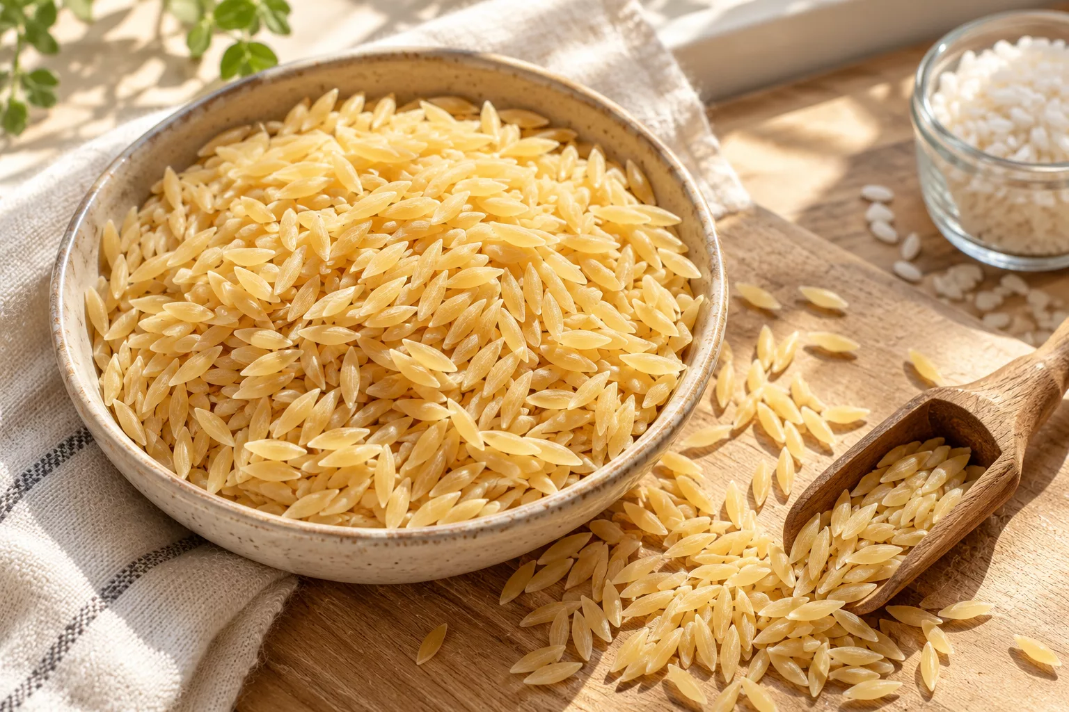 Small uncooked rice-shaped orzo pasta spilling from a shallow bowl.