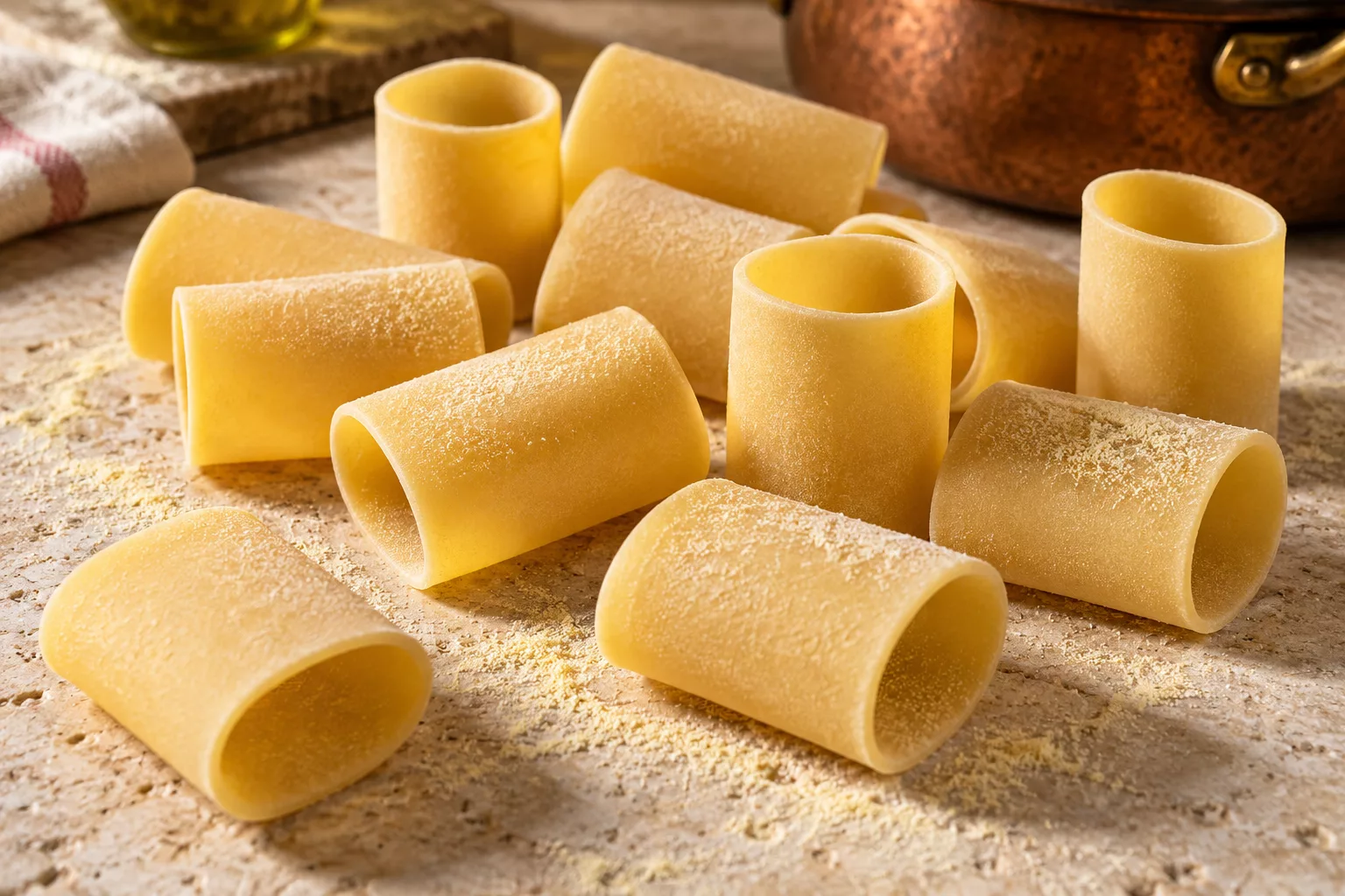 Large uncooked paccheri tubes with wide openings and straight-cut ends.
