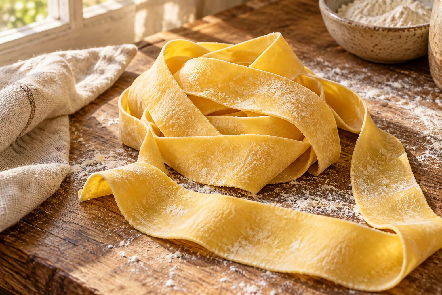 Broad pappardelle ribbons loosely nested with several strips laid flat.