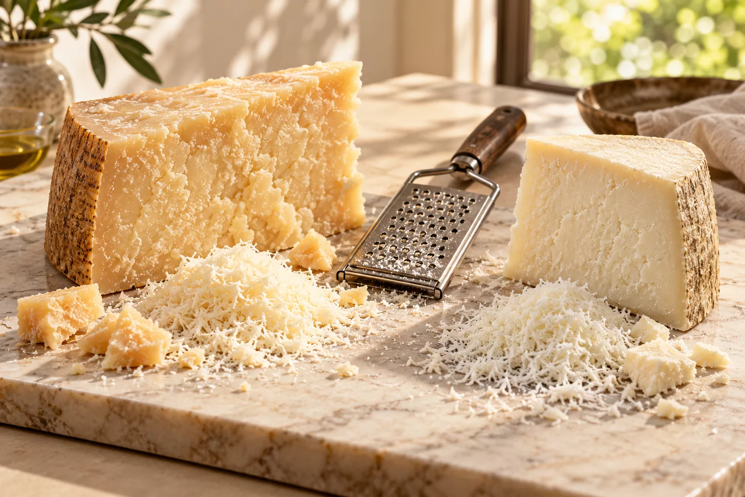 Separate wedges of Parmigiano Reggiano and Pecorino Romano with finely grated cheese beside each.