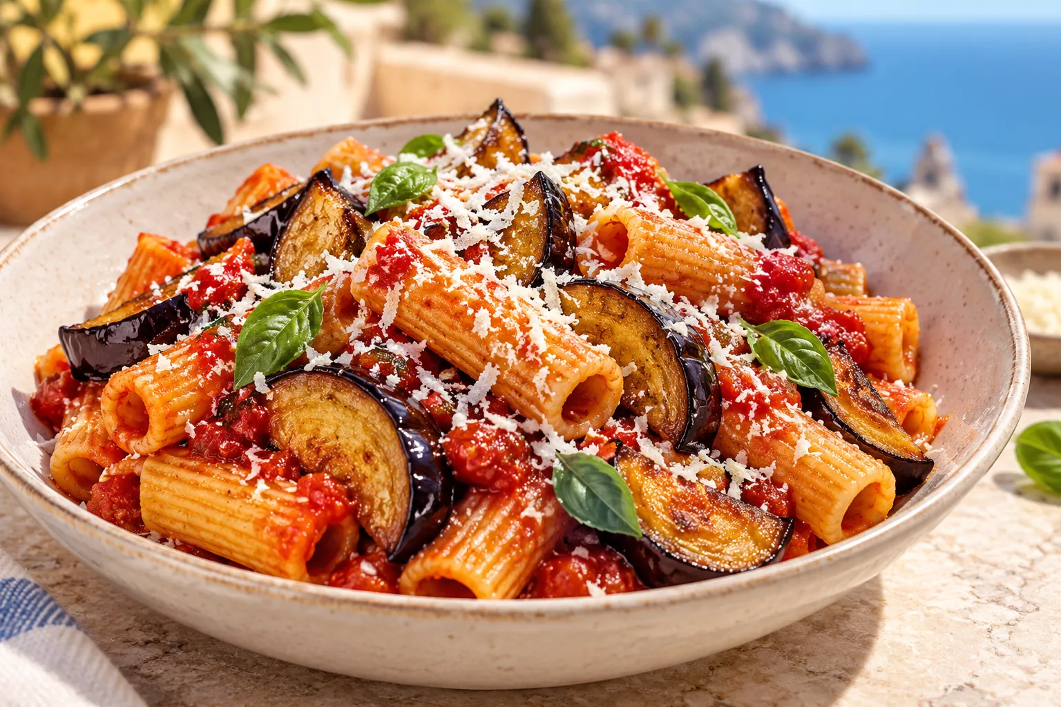 Rigatoni with tomato sauce, fried aubergine, basil, and grated cheese.