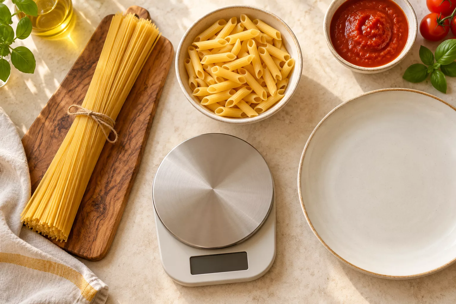 Dry penne and spaghetti beside an empty kitchen scale before cooking.