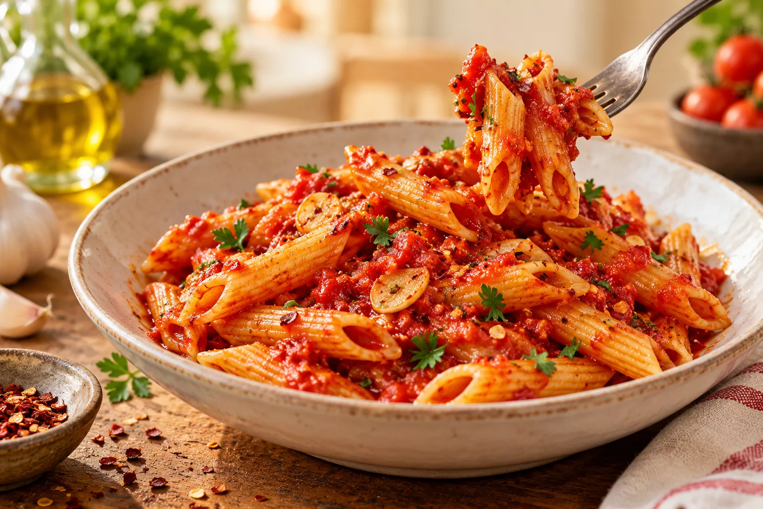 Penne coated in a glossy tomato-and-chilli sauce with small garlic and parsley accents.