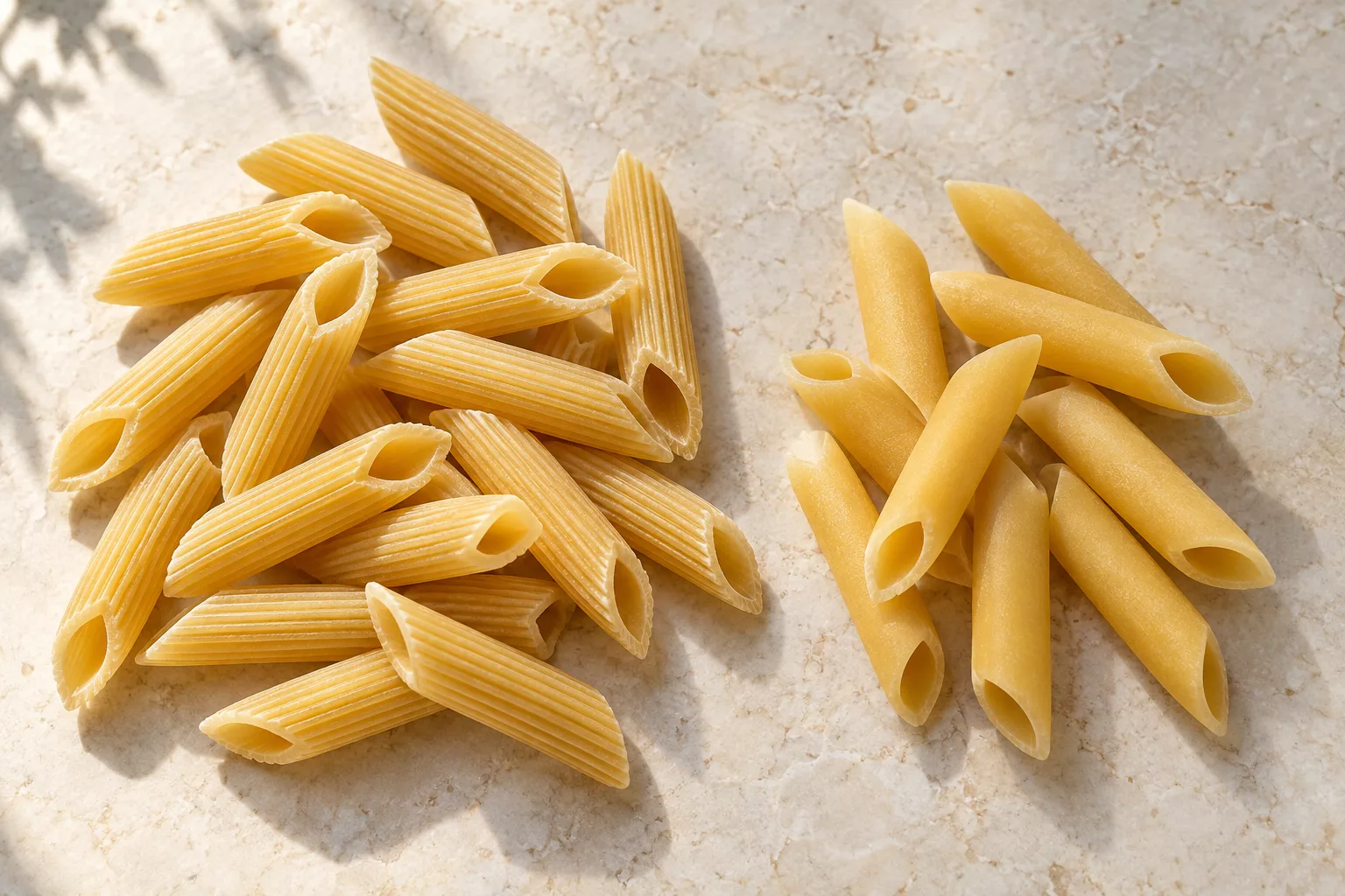 Ridged and smooth penne tubes showing their hollow centres and angled ends.