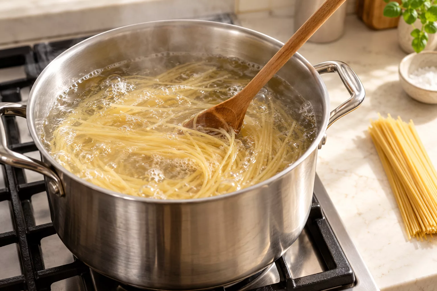 Spaghetti being stirred in boiling water so the strands stay separate.