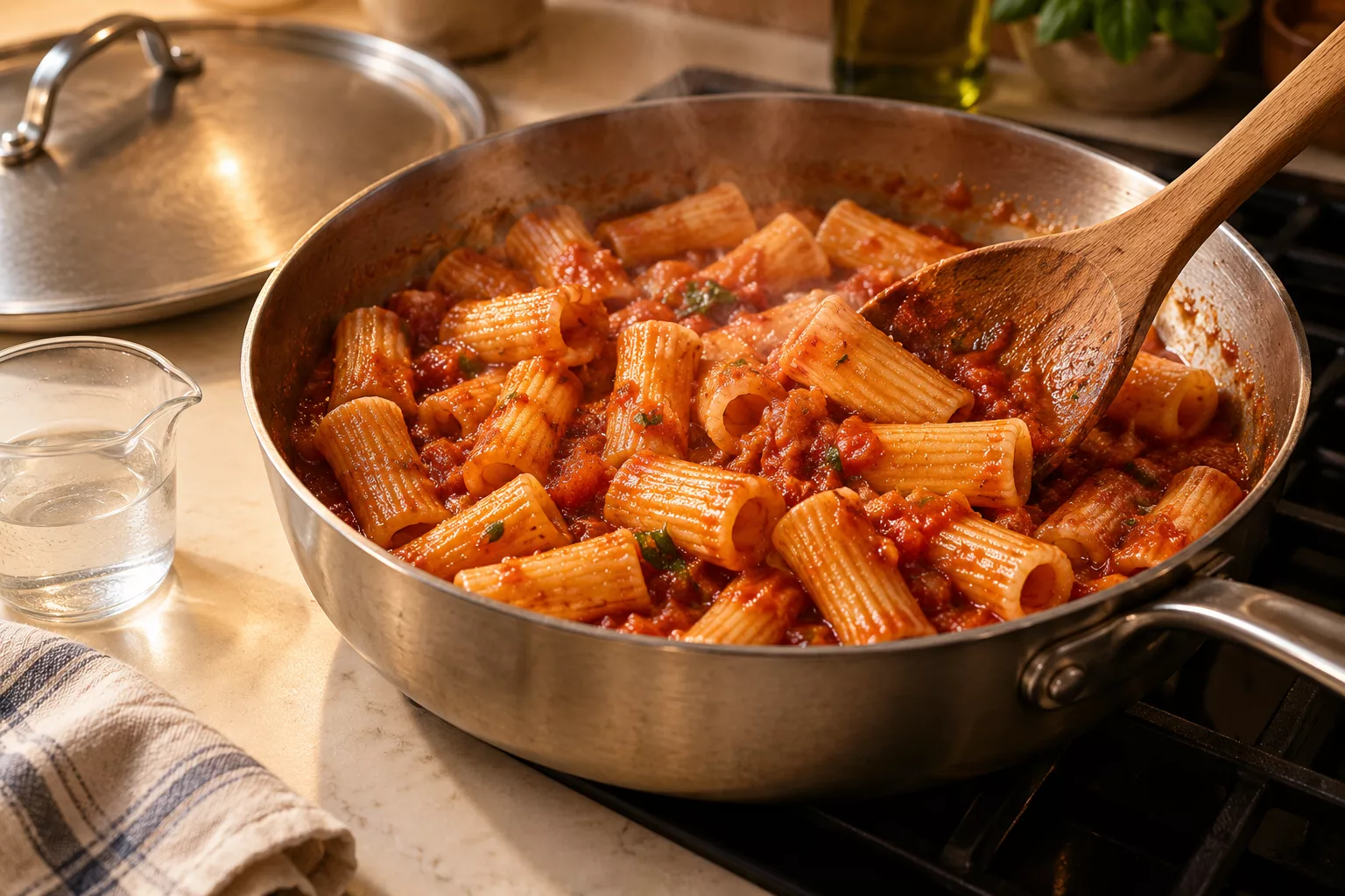 A portion of sauced pasta being stirred gently in a pan with a little added water.