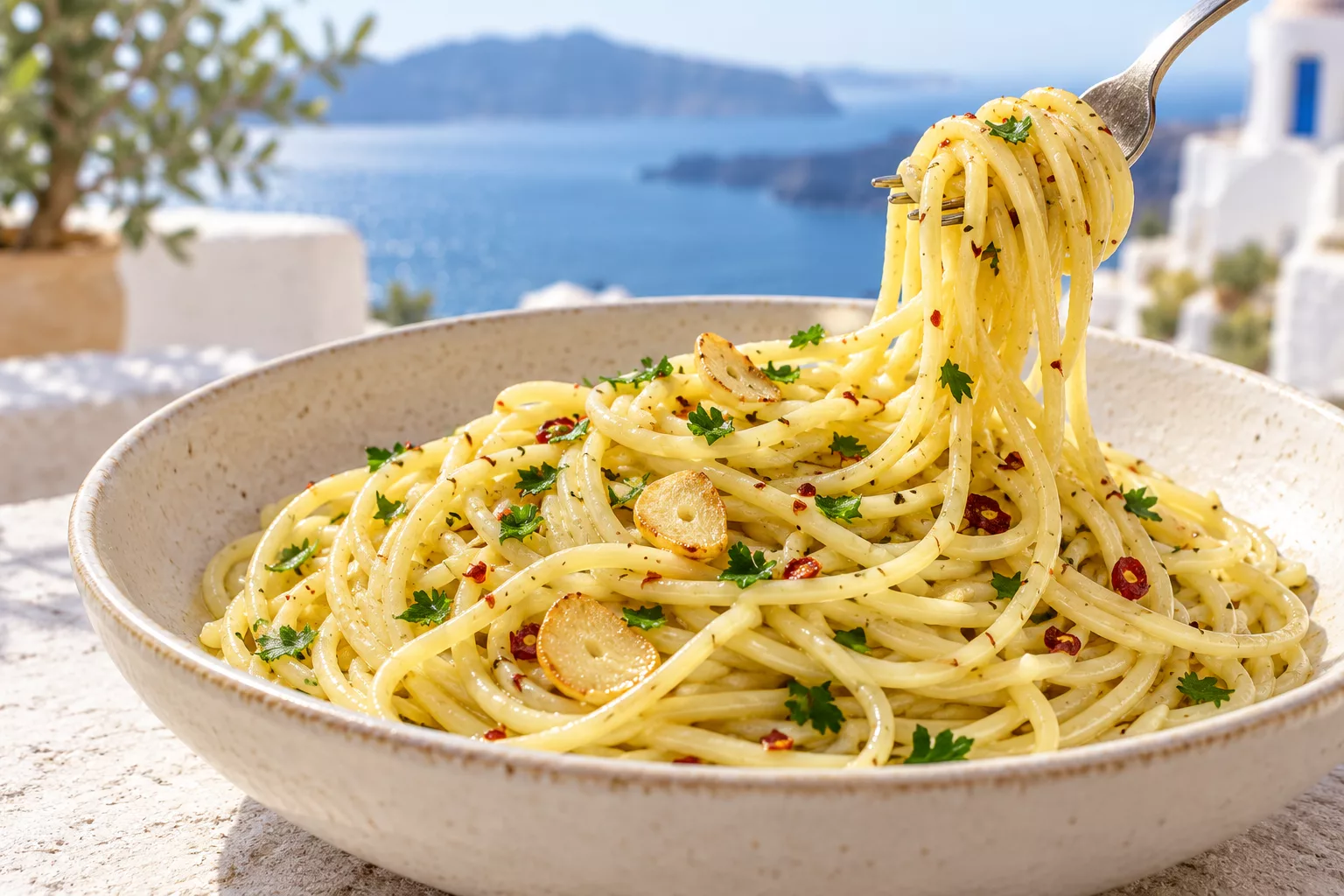 Glossy spaghetti with pale golden garlic slices and a light olive-oil coating.