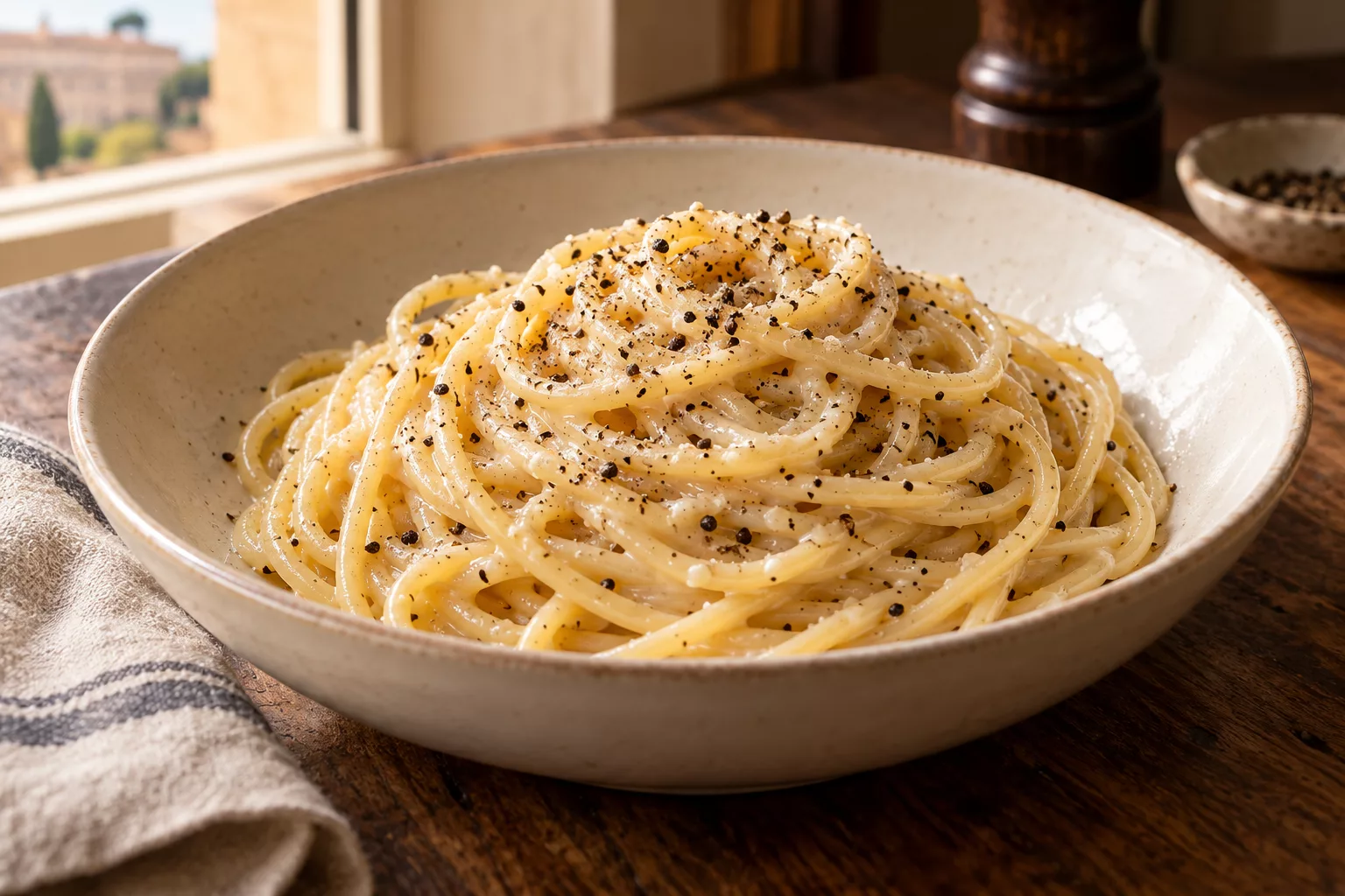 Spaghetti lightly coated in cheese with dispersed black pepper.