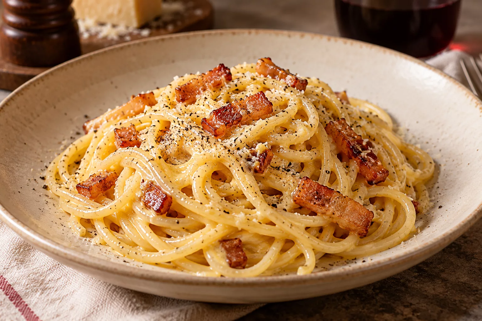 Spaghetti in a glossy pale sauce with guanciale pieces and black pepper.