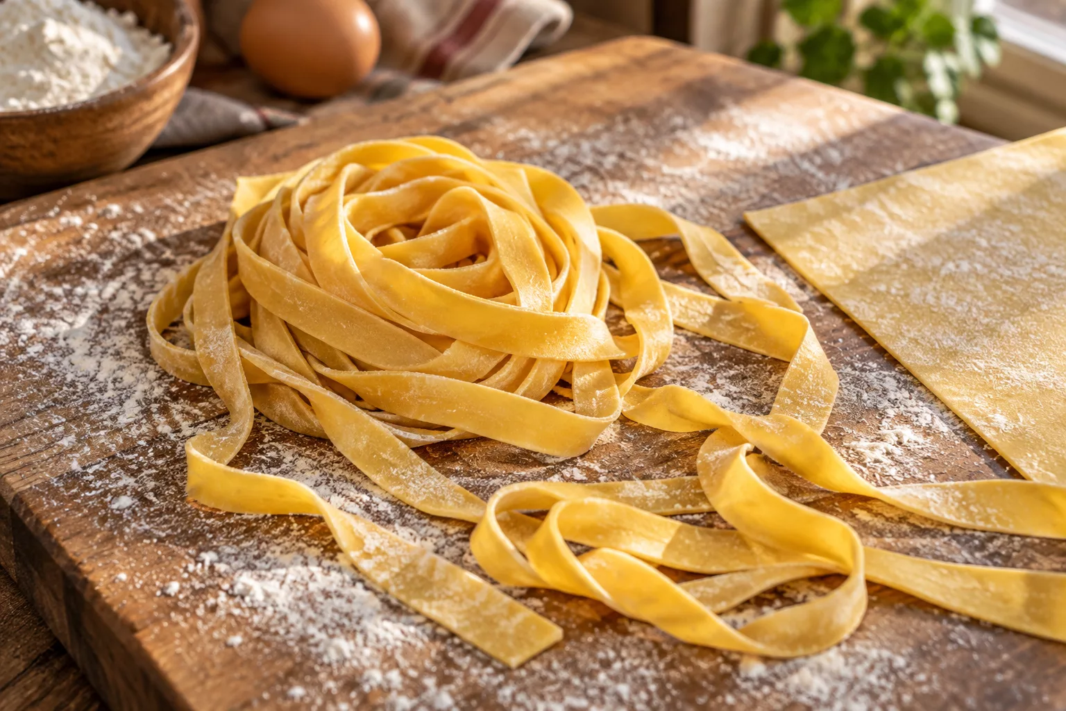 Fresh tagliatelle ribbons loosely nested beside an egg-pasta sheet.