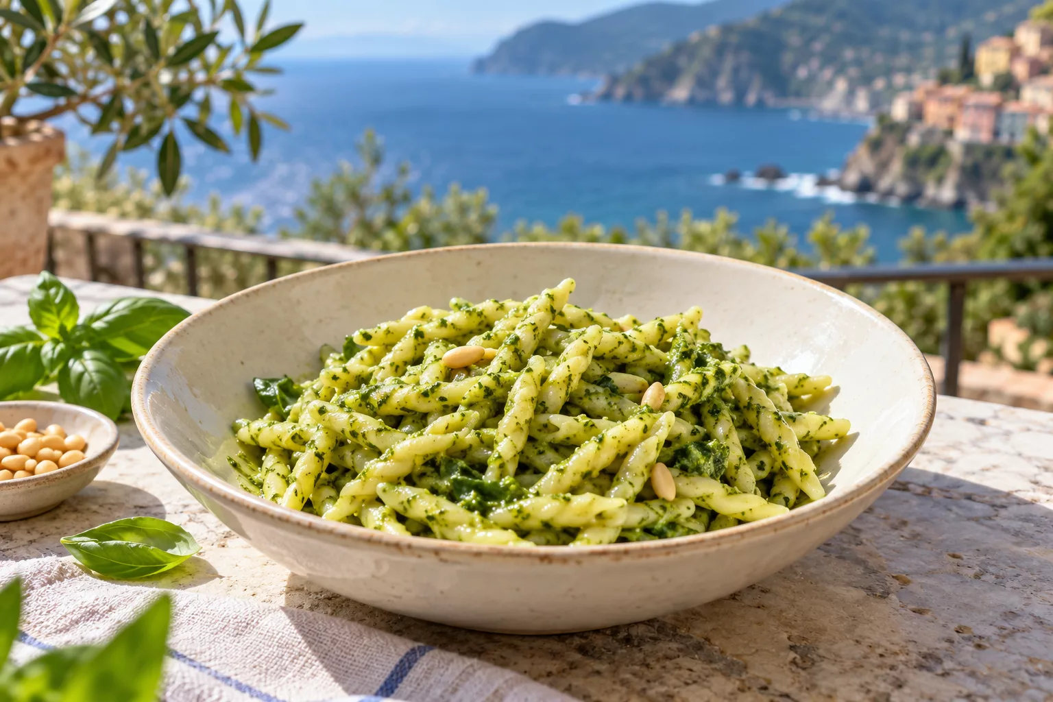 Trofie coated with basil pesto in a shallow bowl.